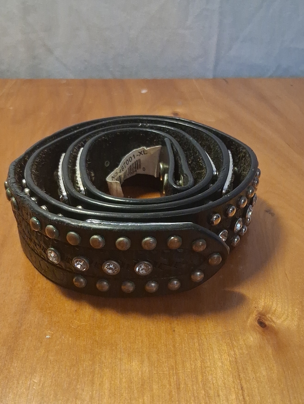 Studded Black Men's Leather Belt with Crystal Accents BUCKLE MISSING